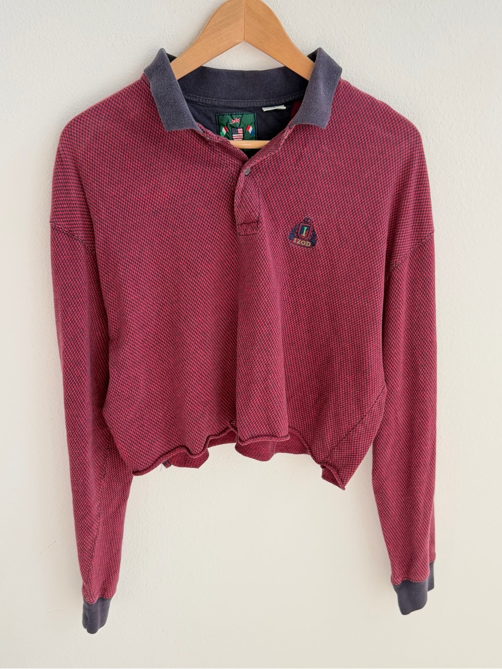 Vintage IZOD Polo Shirt Red Navy Distressed Cropped Long Sleeve 100% Cotton